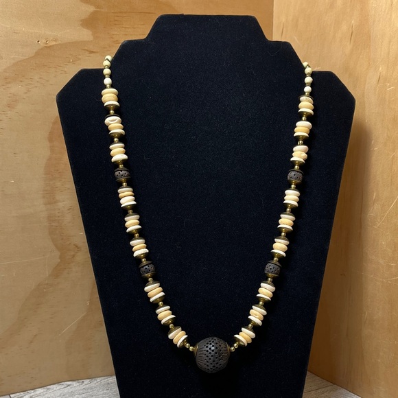 Vintage Artisan Bone & Wood Carved Graduated Brass Accents Necklace - Picture 1 of 6
